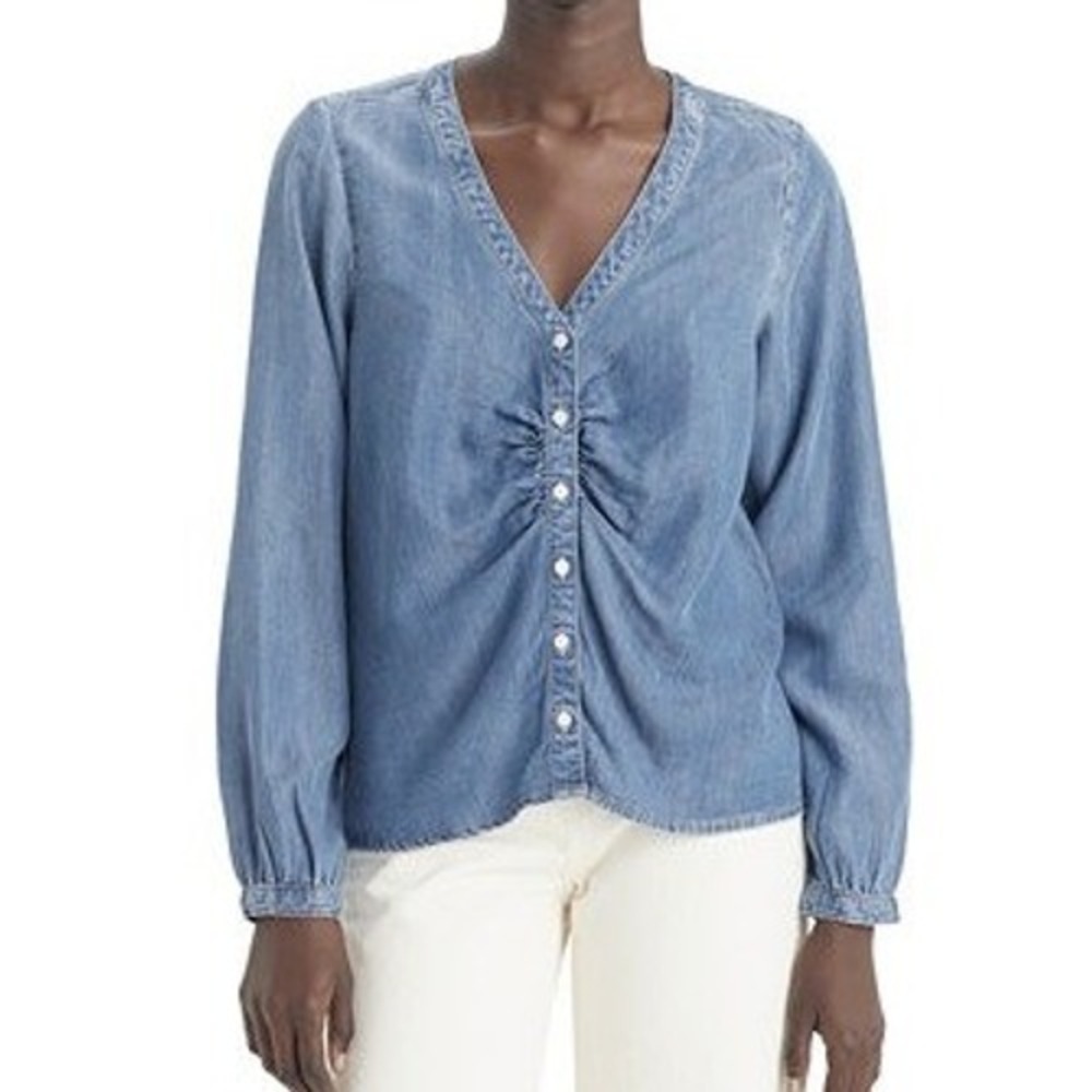 Levi's Button Front Blouse Women XL Blue Denim Lyocell V-Neck Puff Sleeve